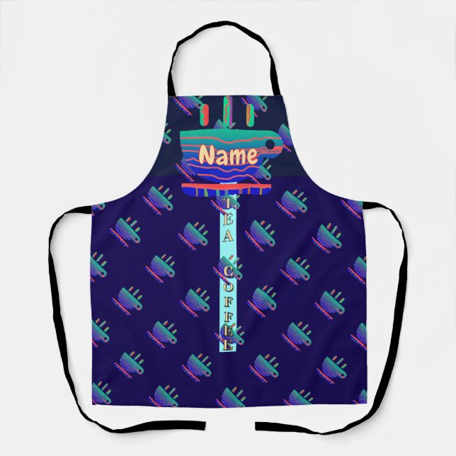  Tea Coffee Cups Fun Blue Chef Apron (Front)