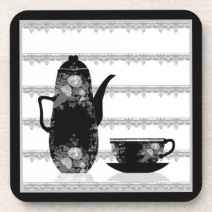 Tea coffee pot cup black white illustration retro coaster