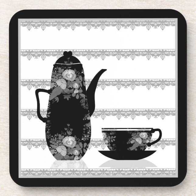 Tea coffee pot cup black white illustration retro coaster (Front)