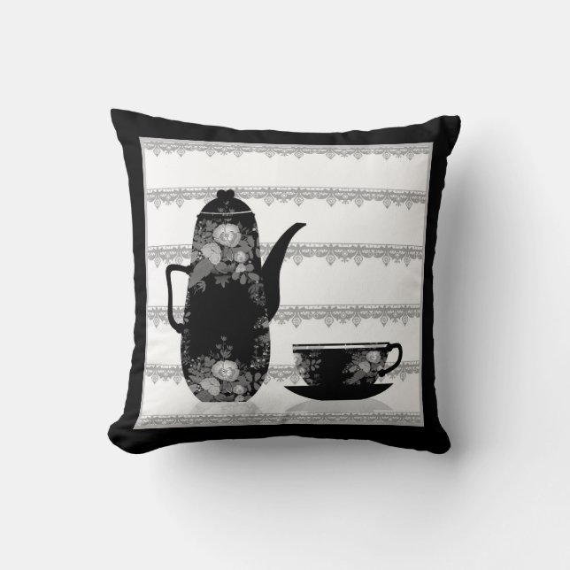 Tea coffee pot cup black white illustration retro cushion (Front)