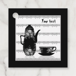 Tea coffee pot cup black white illustration retro favour tags