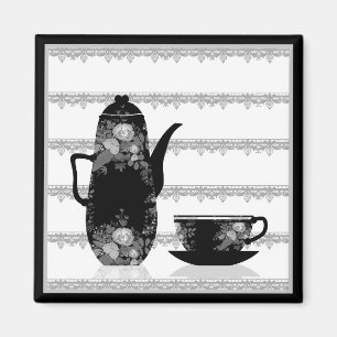 Tea coffee pot cup black white illustration retro magnet