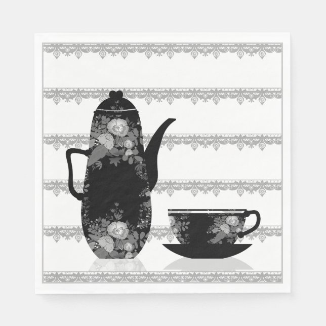 Tea coffee pot cup black white illustration retro napkin (Front)