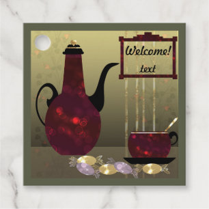 Tea coffee pot cup red glitter illustration retro favour tags