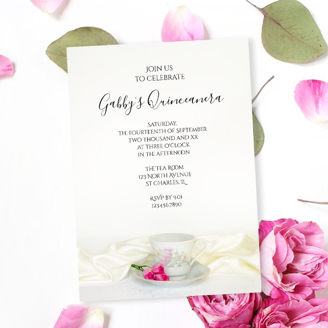 Tea Cup and Pink Roses Quinceanera Party Invitation (Creator Uploaded)