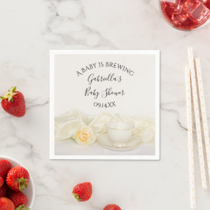 Tea Cup and White Rose Baby is Brewing Shower Napkin