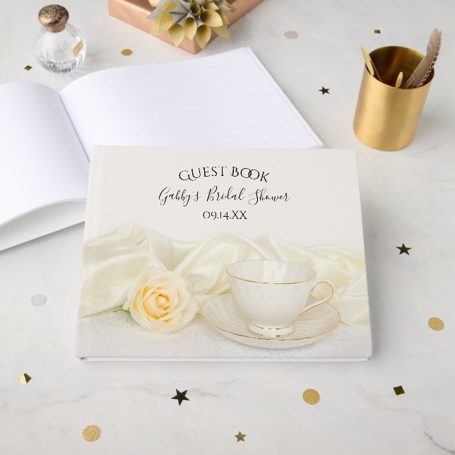 Tea Cup and White Rose Flower Bridal Shower Guest Book (Front Open)