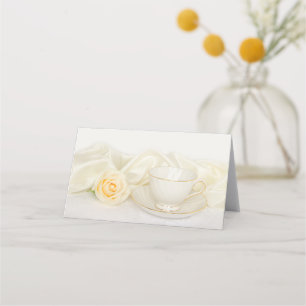 Tea Cup and White Rose Wedding Charity Favours Place Card