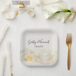 Tea Cup and White Rose Wedding Paper Plate