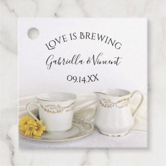 Tea Cup and Yellow Daisies Love is Brewing Wedding Favour Tags