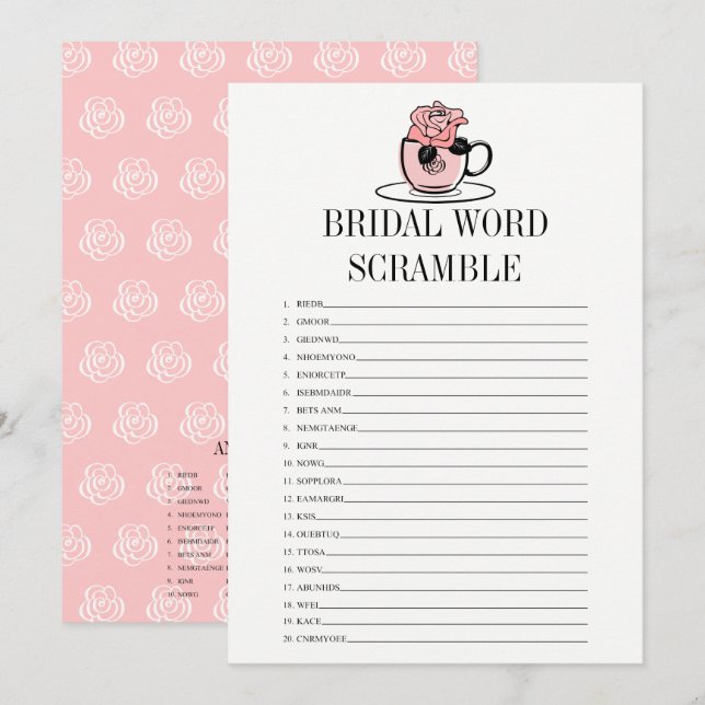 Tea Cup Bridal Shower Word Scramble Game Card (Front/Back)