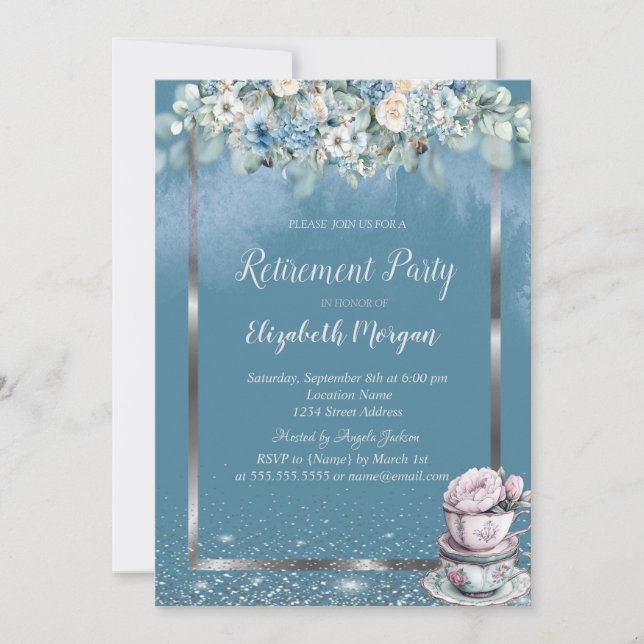 Tea cup Dusty Blue Flowers Invitation (Front)
