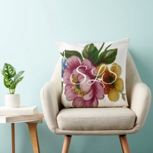 Tea Cup Floral Bouquet Cushion (Sophisticated monogramed throw pillow with an elegant floral design. 
)