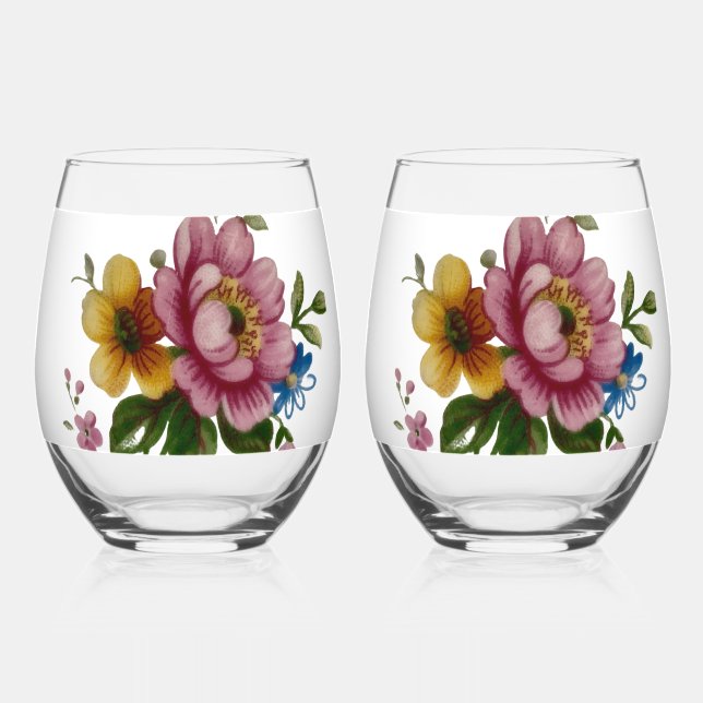 Tea Cup Floral Bouquet  Stemless Wine Glass (Front)