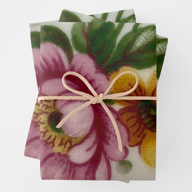 Tea Cup Floral Bouquet  Wrapping Paper Sheet (In situ)