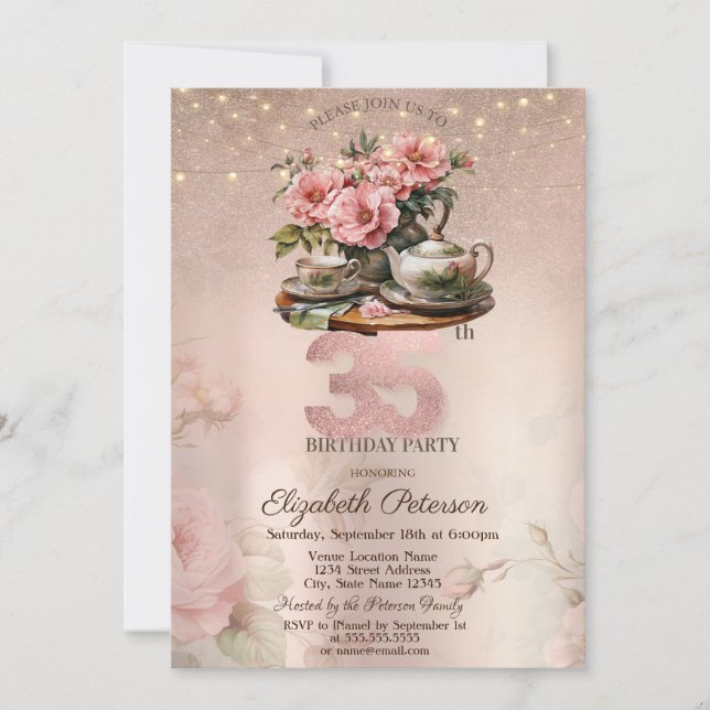  Tea Cup Flowers Glitter Rose Gold 35th Birthday   Invitation (Front)