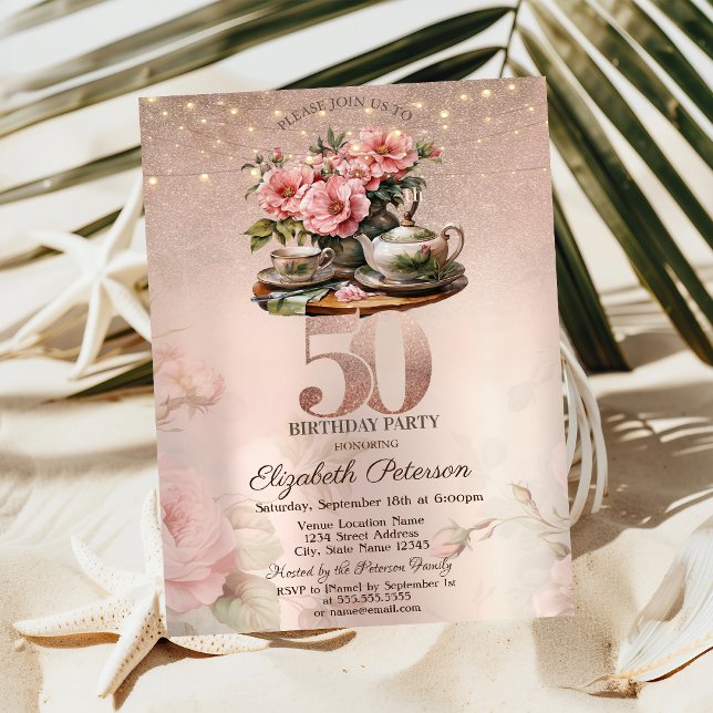  Tea Cup Flowers Glitter Rose Gold 50th Birthday   Invitation (Creator Uploaded)
