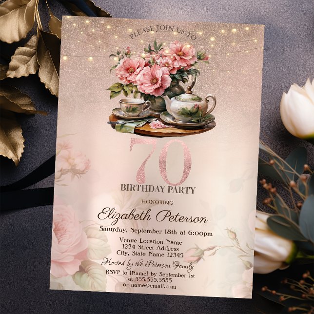Tea Cup Flowers Glitter Rose Gold 70th Birthday Invitation (Creator Uploaded)