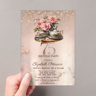  Tea Cup Flowers Glitter Rose Gold 75th Birthday   Acrylic Invitations
