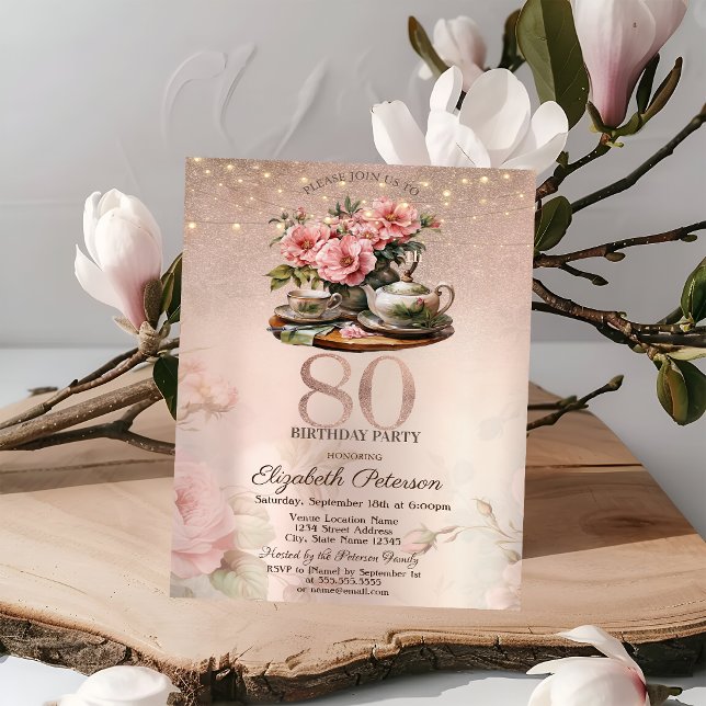  Tea Cup Flowers Glitter Rose Gold 80th Birthday   Invitation (Creator Uploaded)