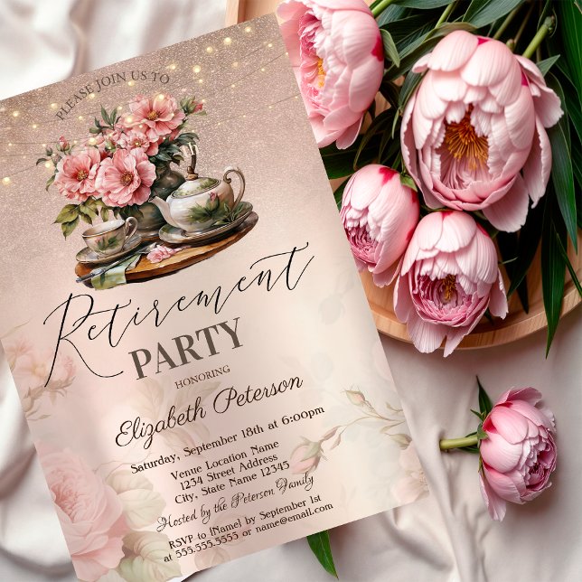 Tea Cup Flowers Glitter Rose Gold Retirement Party Invitation (Creator Uploaded)