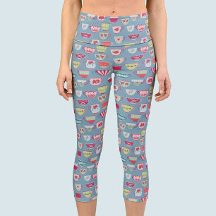 Tea Cup Pattern Blue Capri Leggings