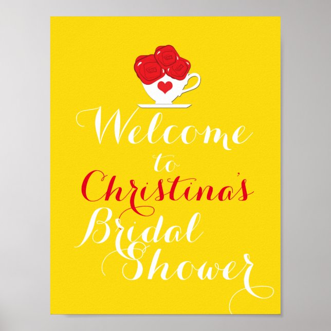 Tea Cup Red Roses Yellow Party Welcome Table Sign (Front)