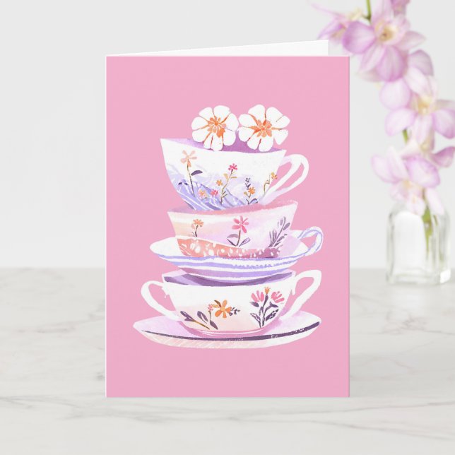 Tea cup stack in pastels and flowers blessings card (Orchid)
