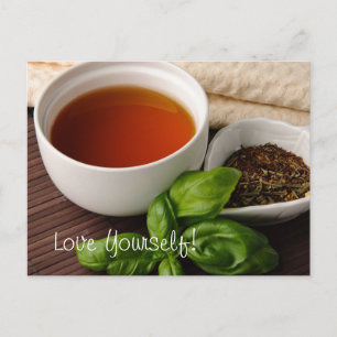 Tea Cup Tea Leaves Herbs Tea Towel on Bamboo Mat Postcard
