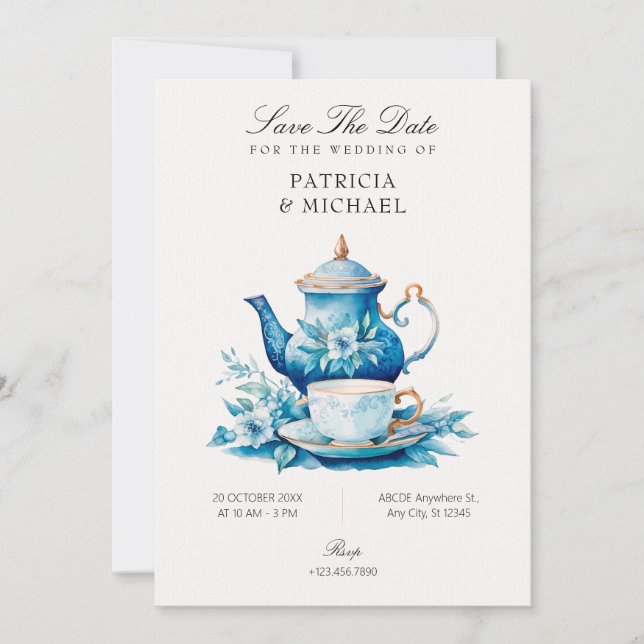Tea cup wedding save the date (Front)