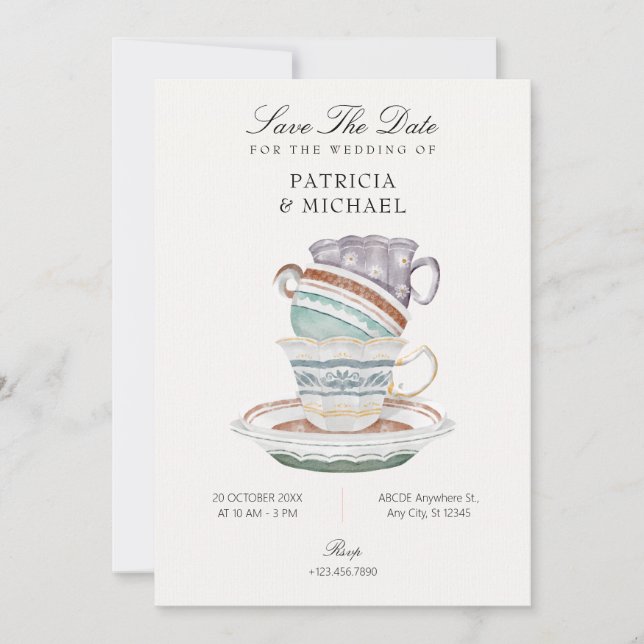 Tea cup wedding save the date (Front)