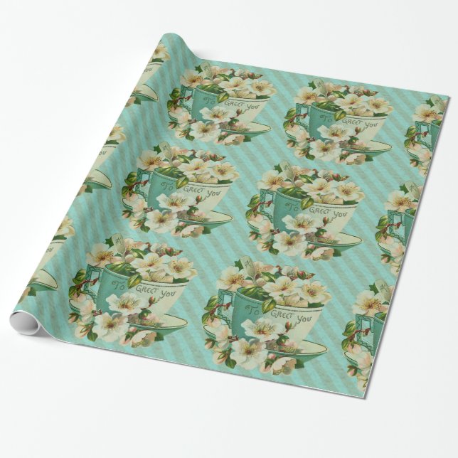 Tea Cup with Flowers Vintage Illustration Wrapping Paper (Unrolled)