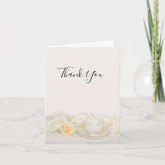 Tea Cup with White Rose Wedding Thank You Card (Front)