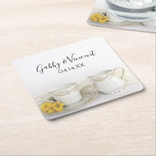 Tea Cup with Yellow Daisies Wedding Square Paper Coaster