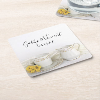 Tea Cup with Yellow Daisies Wedding Square Paper Coaster