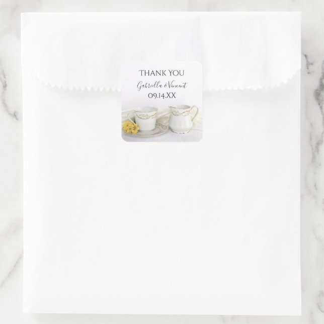 Tea Cup Yellow Daisies Wedding Thank You Favour Ta Square Sticker (Bag)