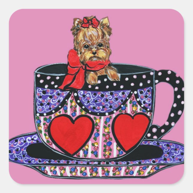 Tea Cup Yorkie Square Sticker (Front)