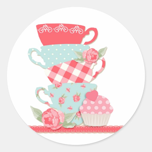 Tea Cups and Roses Classic Round Sticker (Front)