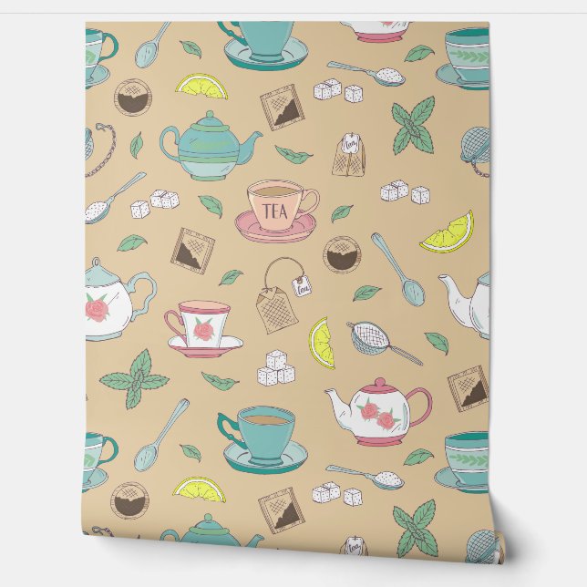 Tea Cups and Teapots English Tea Shop Decor Wallpaper (Unrolling)
