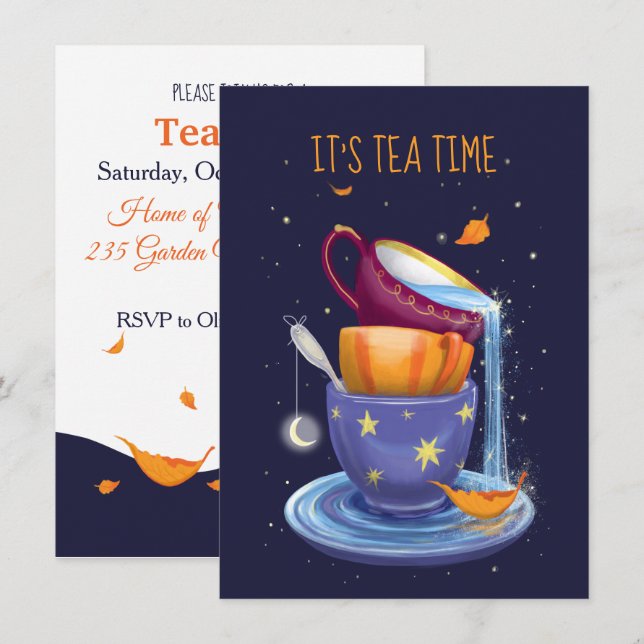 Tea cups Fall Whimsical Tea Party Invitation (Front/Back)