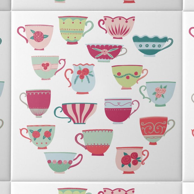 Tea Cups Modern Retro Tile (Retro vintage teacup pattern ceramic tile)