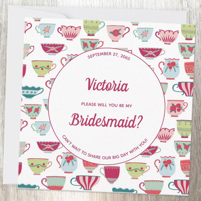 Tea Cups Modern Vintage Be My Bridesmaid Invitation (Pretty vintage china tea cup pattern personalized will you be my bridesmaid card)