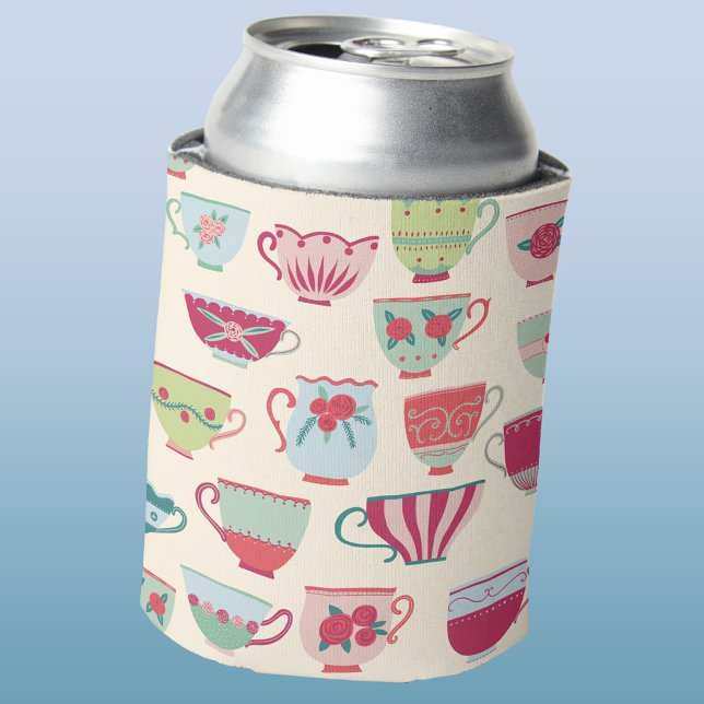 Tea Cups Modern Vintage Can Cooler (Modern retro china teacup pattern can cooler)