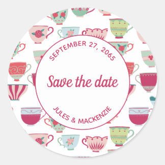 Tea Cups Modern Vintage Save the Date Classic Round Sticker