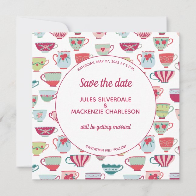 Tea Cups Modern Vintage Save the Date Invitation (Front)