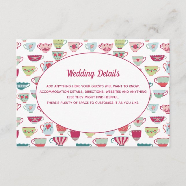 Tea Cups Modern Vintage Wedding Details Enclosure Card (Front)