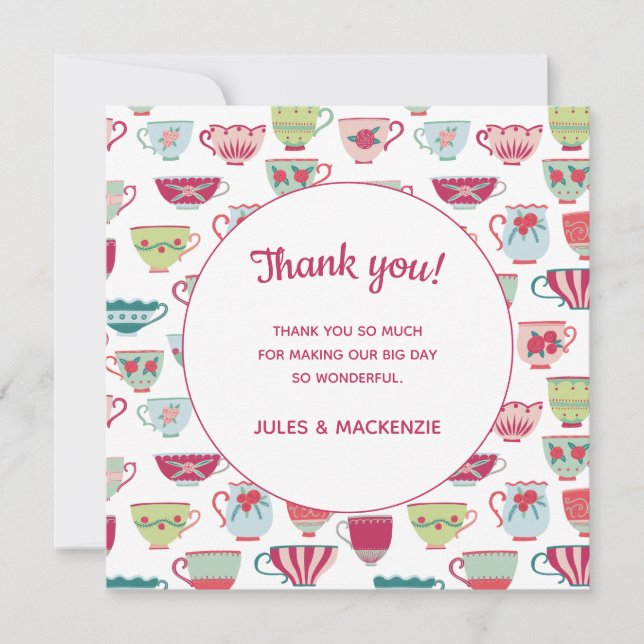 Tea Cups Modern Vintage Wedding Thank You Card (Front)