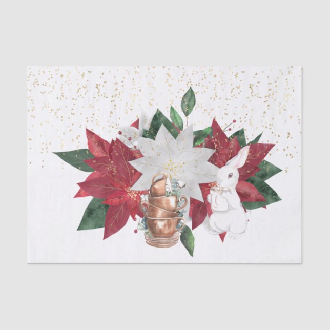 Tea Cups Poinsettia Rabbit Christmas Tissue Paper (Front)