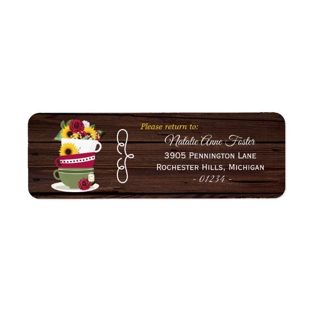 Tea Cups Stacked Roses & Sunflowers Rustic Address (Front)