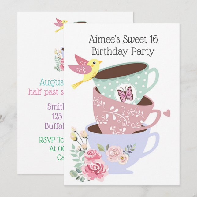 Tea Cups Sweet 16 Birthday Party Invitation (Front/Back)